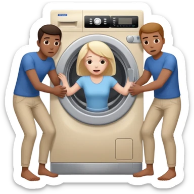Eine Frau mit dem Kopf  in der Waschmaschine feststeckt und zwei Männer ziehen an ihren Beinen um ihr zu helfen  sticker