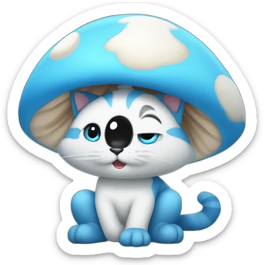 Blue smurf cat with large black eyes wearing a large white mushroom on his head casting a show on his face with a neutral face sticker