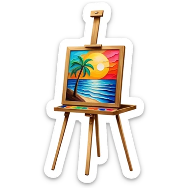 Painting on an easel, brush strokes, vibrant colors, abstract or classical style, textured effect, minimalistic, on a white background, no extra details, easel included. sticker