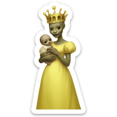  Reptilian alien woman, full body, in victorian jellow elegant dress, have a crown,holds a newborn humman baby sticker