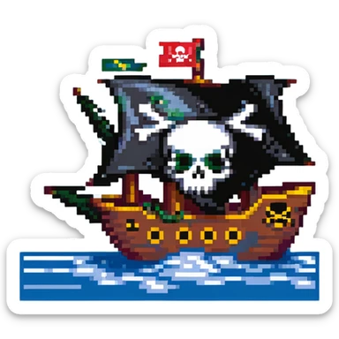 A pirate ship sailing on the open sea, with a skull and crossbones flag flying high, and pirates wearing bandanas and eye patches sticker