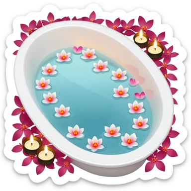 A white bathtub with water, with a few small flower petals around, floating tea-lights, romantic lush warm colors sticker