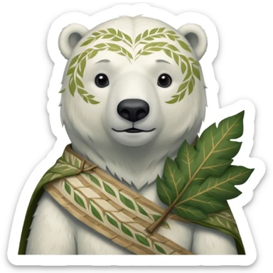 a polar bear wearing ancient leaf cloth, half body, icon sticker