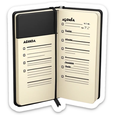 A professional-looking black Moleskine notebook opened flat showing a page with 'AGENDA' written at the top and a neat list of bullet points for meeting items sticker