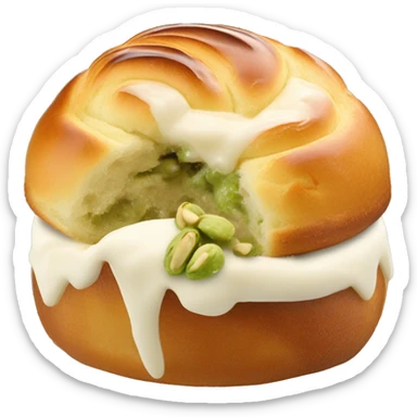 Petite Boule de brioche en forme de dôme coupée en deux au milieux avec crème fouettée blanche au centre recouvert d’éclat de pistache  sticker