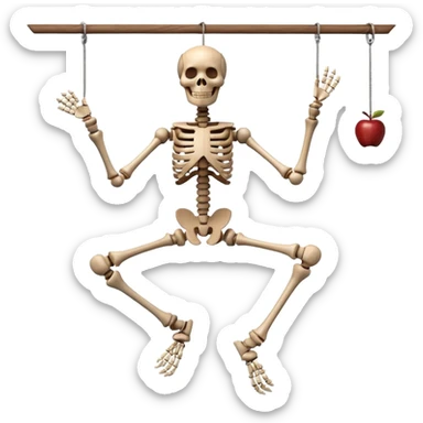 3D render of Skeleton Marionette as a wooden marionette puppet, Wooden bones, hanging loose, silver metal screw joints at elbows and knees, polished brown wood texture, rigid toy pose, Apple emoji style, isolated on white background --v 6.0. sticker