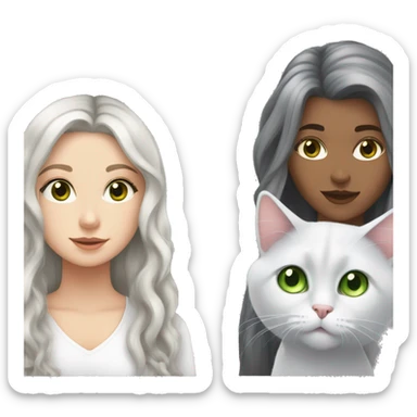 white girl with silver long hair and brown eyes, with a gray fluffy cat with green eyes sticker