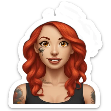 Woman long red hair on one side, tattoo on side of head. other side of head is shaved. Tattoo under shaved hair. pirate hat, skull and crossbones t shirt sticker