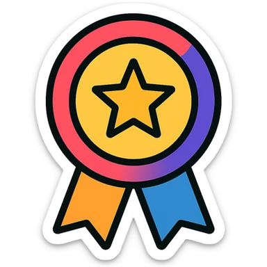 vector icon of a gold master choice badge with colorful elements, elegant minimalist flat design, award badge style, 2D flat vector, trending icon look, soft shadows, no text, isolated on white background, commercial use sticker