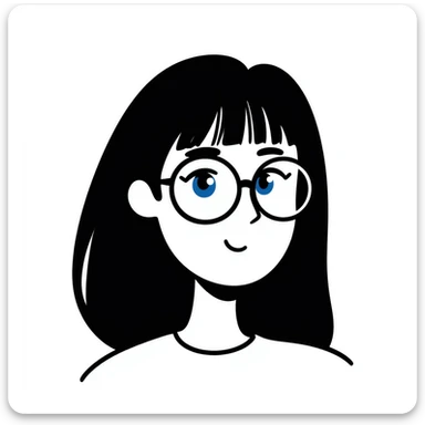 teenage girl with long dark brown hair, bangs, blue eyes, round glasses with thin black frames sticker