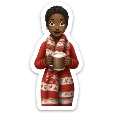 Black girl with Christmas scarf and pajamas holding hot chocolate  sticker