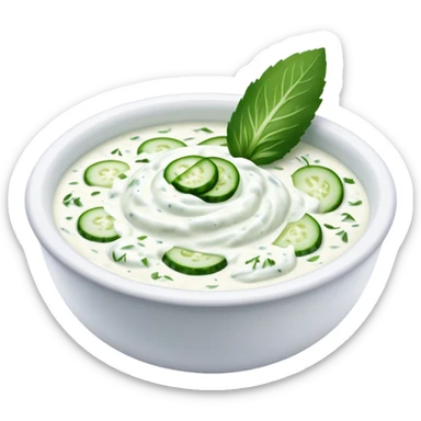Cinematic Realistic Tzatziki Dish Emoji, featuring a creamy, tangy yogurt sauce with cucumber and herbs rendered with soft textures and cool, refreshing lighting. sticker