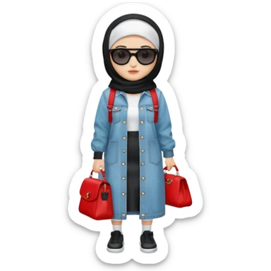 female memoji character, iPhone style, wearing black hijab, white long dress, oversized light blue denim jacket, white socks, black shoes with red detail, black shoulder bag, sunglasses on head, cute expression, no background, transparent PNG sticker
