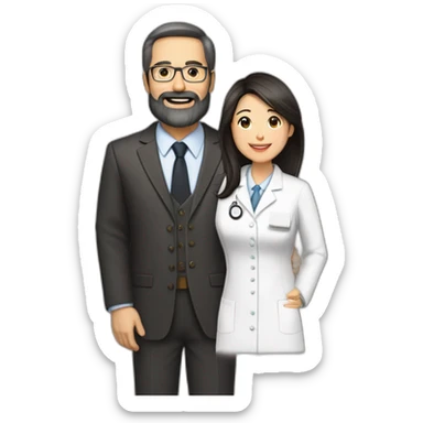 husband american age 64 dark brown hair trimmed beard wearing business suit holding bible together, wife asian age 64 black shoulder length hair wearing nurse uniform, no children sticker