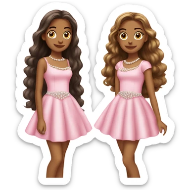 two teenage Latina twins. pink. Long hair. Pink bows. Pearls. Light pink. Diamonds dress. sticker