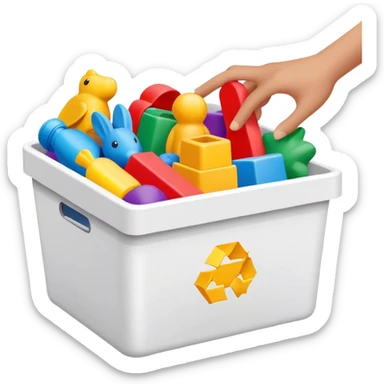 hands placing colorful toys into a storage bin, simple and friendly sticker