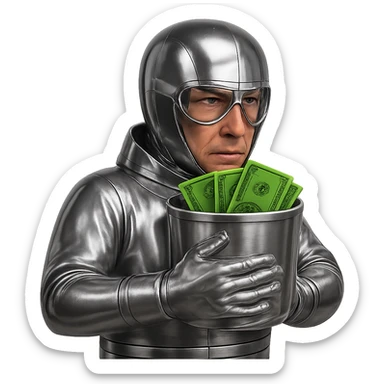 Make the character's goggles chrome to match the suit and helmet. Keep the skin color and face natural, the suit and bucket chrome, and the dollar bills realistic. The background should remain transparent. sticker