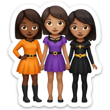Three best girlfriends cute Halloween outfits with dark brown hair. One African-American, one Asian, one light skinned Caucasian. sticker