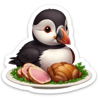 pink puffin that is pink-colored eating roast dinner sticker