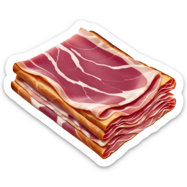 two or three thin folded slices of cured ham with deep pink to reddish hues and delicate marbling of white fat, smooth slightly translucent texture, soft curls at edges, tender air-dried look, apple emoji style, soft lighting, subtle shadows, emoji scale sticker