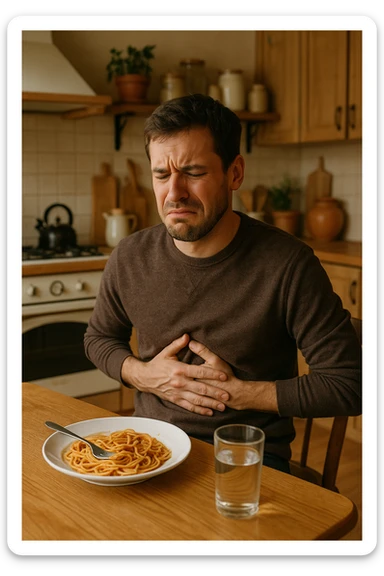 a man sits at a dining table, looking uncomfortable and holding his stomach after eating a plate of pasta. His expression shows mild pain or bloating. On the table, there’s a half-eaten plate of spaghetti, and a glass of water. The background is a cozy kitchen, but the focus is on the man’s discomfort.
 sticker