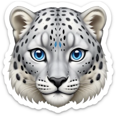Cinematic-Noble-Snow-Leopard-Portrait-Emoji – Poised and majestic, with a muscular, agile build and a beautifully patterned coat of soft white and grey fur, marked with striking, deep-set, intelligent icy blue eyes, simplified yet sharp and sophisticated zoomed out showing the shoulders sticker