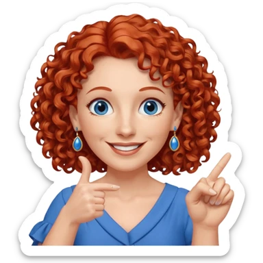 una profesora mayor simpática con el pelo rojo rizado, ojos azules, vestido azul y pendientes azules hablando sonriendo feliz indicando con un dedo sticker