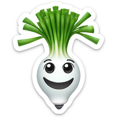 Smiling green onion with a bundle of long, thin green stalks as hair, big expressive eyes, and a cheerful cartoonish face on the white bulb section. Vibrant and playful design. sticker