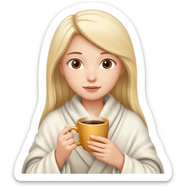 A girl wearing a white blanket over her, with a coffee in hand sticker