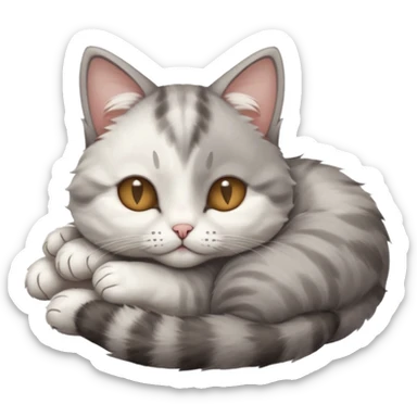 grey and white small cat with eyes closed lying down upside down with its head resting own paw sticker