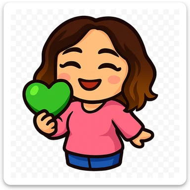 Sticker style chibi emote, matching the attached green heart emote as a base. Woman from reference, pink blouse and jeans, laughing with eyes closed, cute happy face, no headband, no wand, transparent background. sticker