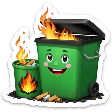 Bright green happy dumpster with an open black lid and a large fire burning only inside it. there is litter and trash on the ground around it not burning sticker