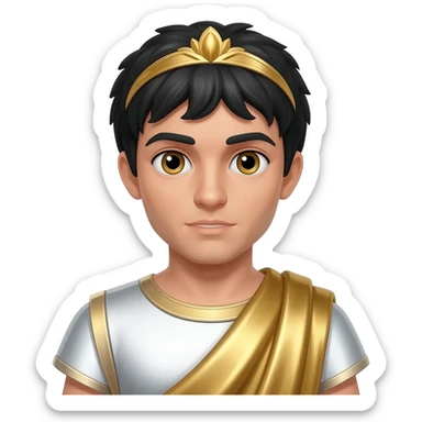 Ptolemy from Rome Mythology with hazel eyes, black hair, white metallic tunic, gold metallic cloak, gold diadem sticker