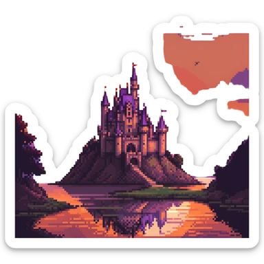 castle at sunset with warm orange and purple sky, dramatic lighting, no characters sticker