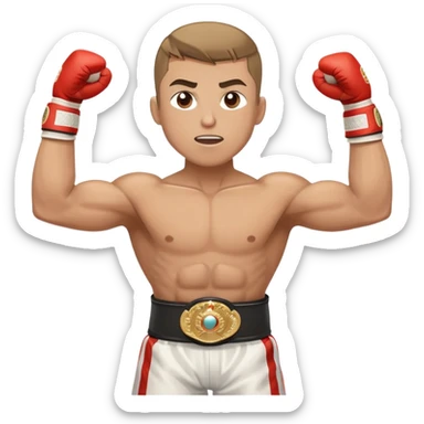 Boxing champion with arms raised in victory, wearing multiple championship belts around waist, determined expression, white hand wraps, muscular cartoon body sticker