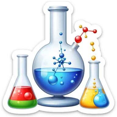An icon featuring a chemical flask, bubbling with liquid, and an atomic structure, symbolizing chemistry. The design includes molecules, a periodic table, and laboratory equipment, representing the study of chemical reactions and elements. Transparent background highlights scientific research. sticker