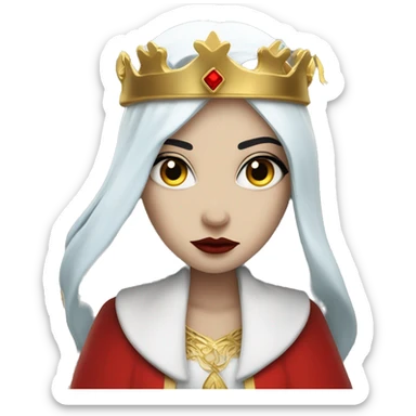Queen with pale white skin, evil stare, icy blue eyes, bright red lips, long black hair, gold crown, and white robes. sticker