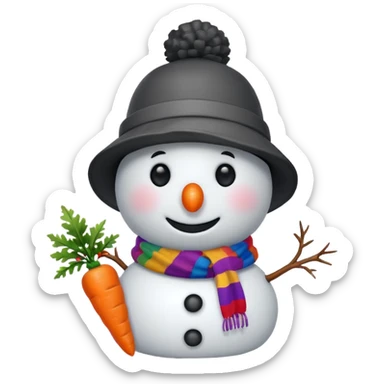A snowman wearing a colorful scarf and a tiny bucket hat. sticker
