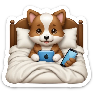  puppy in bed with phone sticker