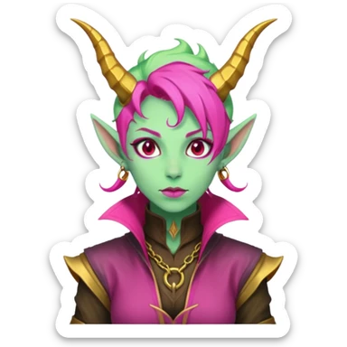 A D&D tiefling with pale green skin and hot pink hair. She is a rouge and is obsessed with gold sticker
