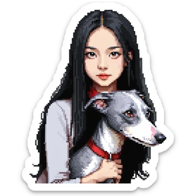 Slim Chinese girl with long black hair and her completely solid grey Italian greyhound in a cozy home setting with a fireplace, no white markings on the dog sticker