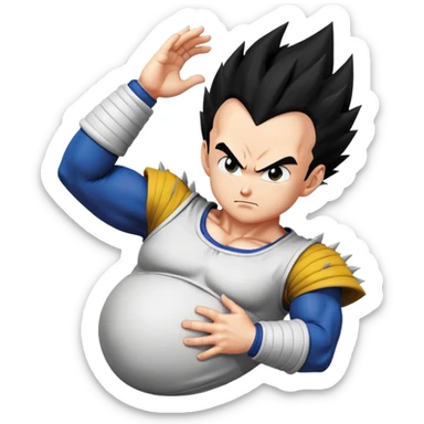 Pregnant Vegeta from Dragon Ball Z facing left with hands on his large belly, spiky black hair, serious expression sticker