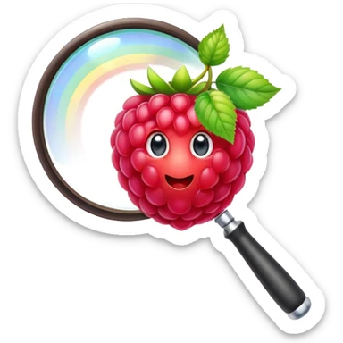 a raspberry holds a rainbow colored magnifier with its budding from handle of magnifier sticker