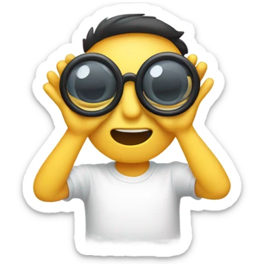 An emoji face making a 'glasses' gesture by forming circles with both hands and placing them around the eyes, resembling binoculars or playful glasses sticker