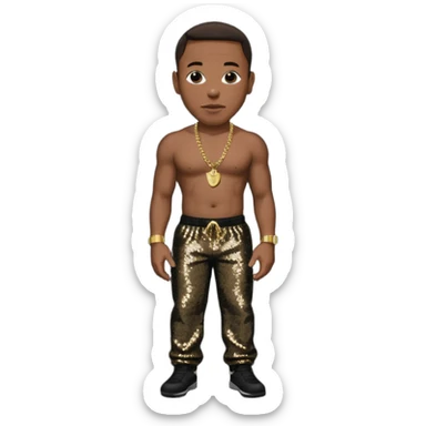 Dr Dre with dark brown hair, black sequin baggy pants, shirtless with necklace sticker