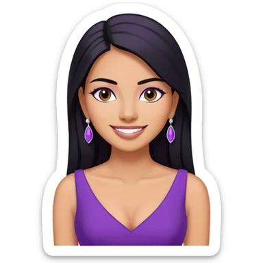 beautiful woman boss, with long straight black hair, with make up, black eye liner, smile, mexican, brown skin, wearing purple dress white earings, she stand up,  sticker