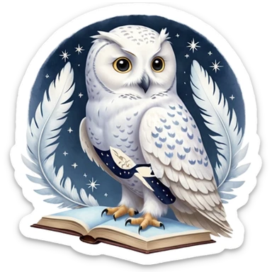 A hand-drawn fantasy illustration of Hedwig, Harry Potter’s snowy owl, with soft watercolor style, gentle pastel tones, magical sparkles in the air, cozy wizarding atmosphere, storybook illustration, high detail, whimsical and warm mood. ohne backgraund sticker