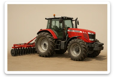 A Massey Ferguson tractor pulling a Disc Harrow, farm equipment, realistic style, simple background. sticker