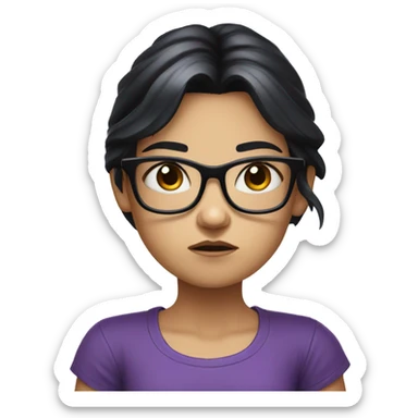 Angry scowling white little girl, purple shirt, long black hair, wearing glasses, with arms crossed over chest. sticker