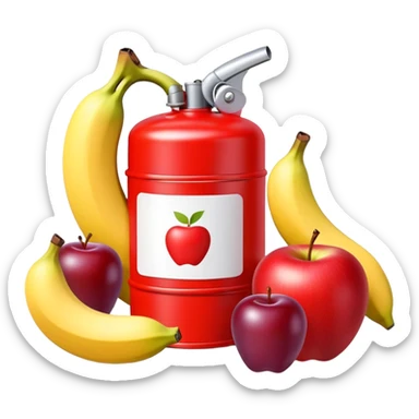 bright red gasoline canister surrounded by a banana, an apple, and grapes, red fuel can with fruits arranged around it sticker